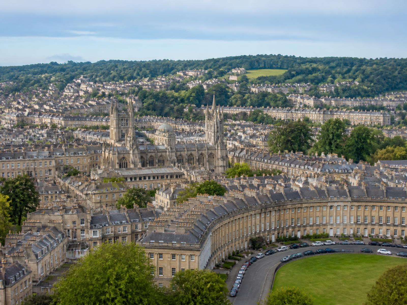 Bath Abbey and Georgian rooftops across the city